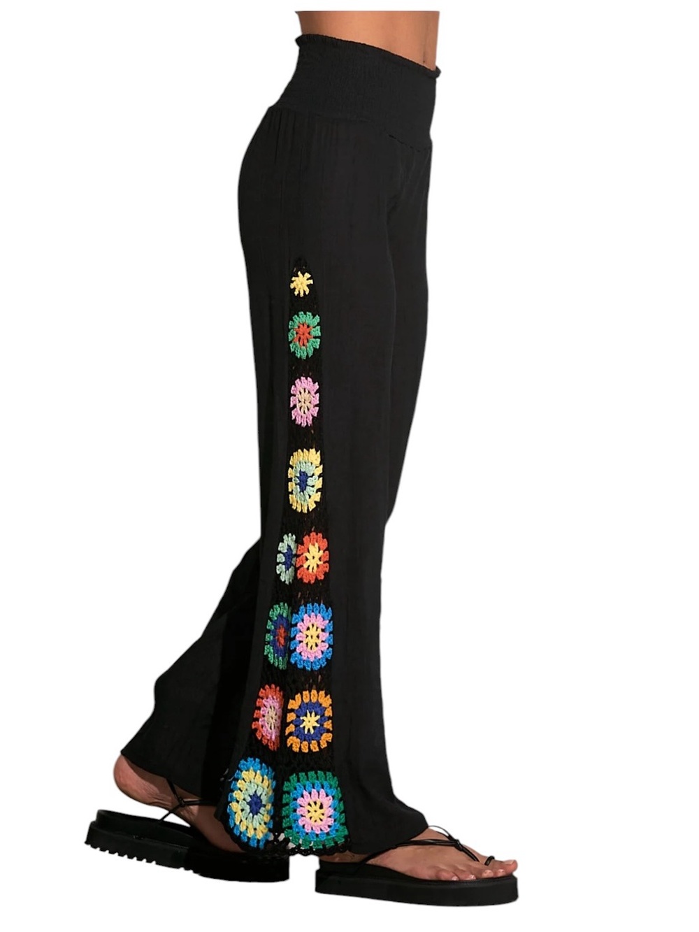 Elan Black Wide-Leg Pants with Vibrant Multicolor Crochet Panels NWT - Picture 4 of 11